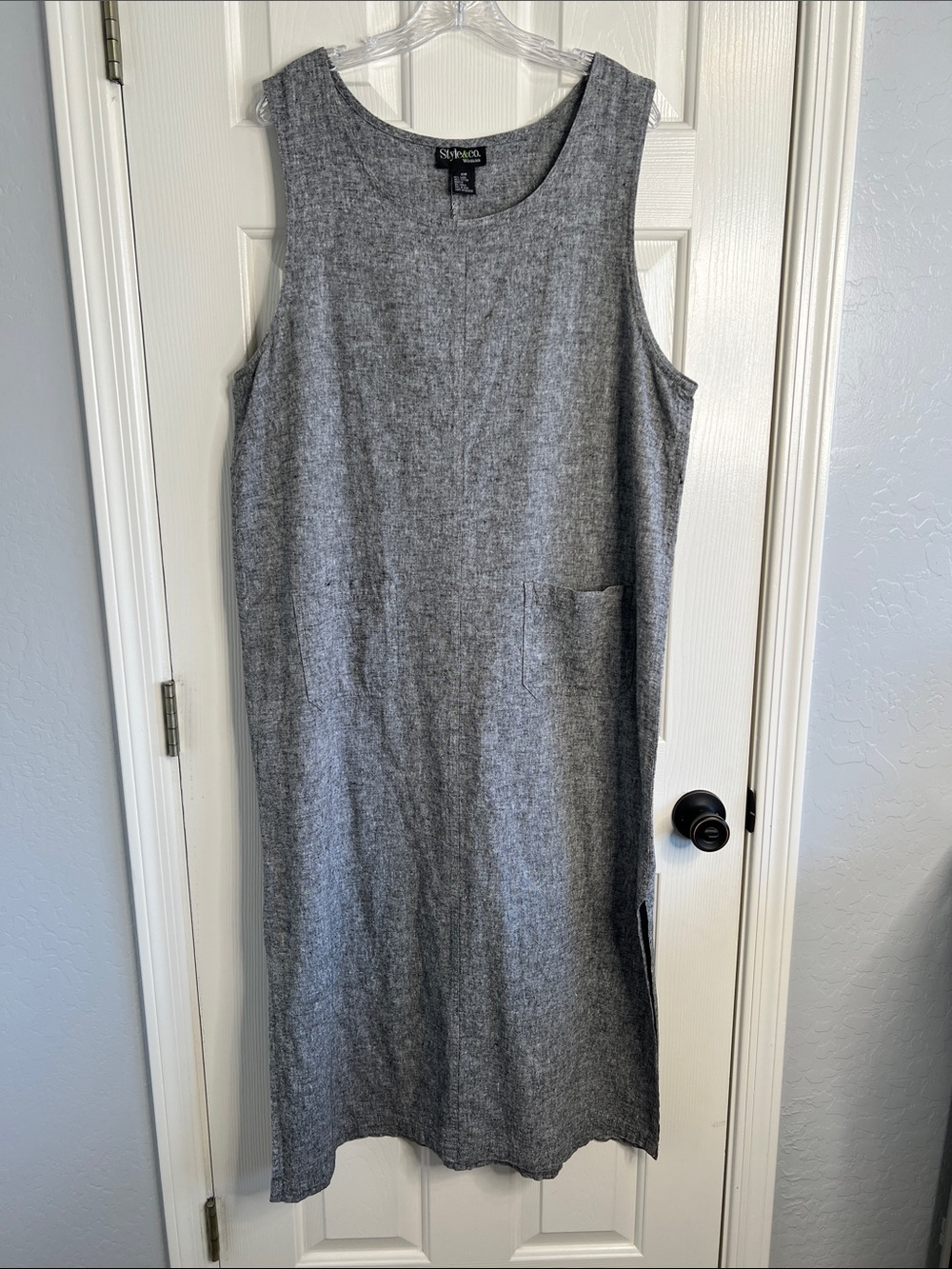 Vintage linen cotton blend gray maxi dress 16w with pockets style & co